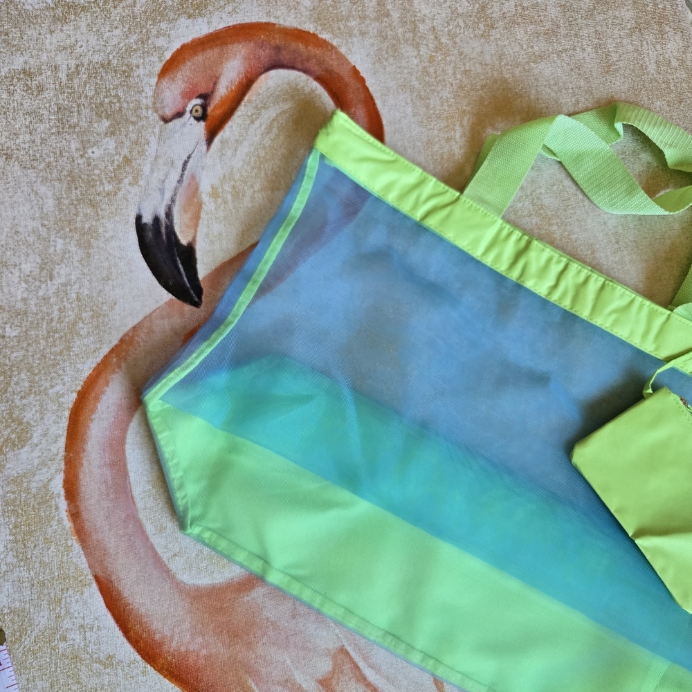 3/$25 Mesh Beach Bag With Zipper And Wrislet Blue Green Neon